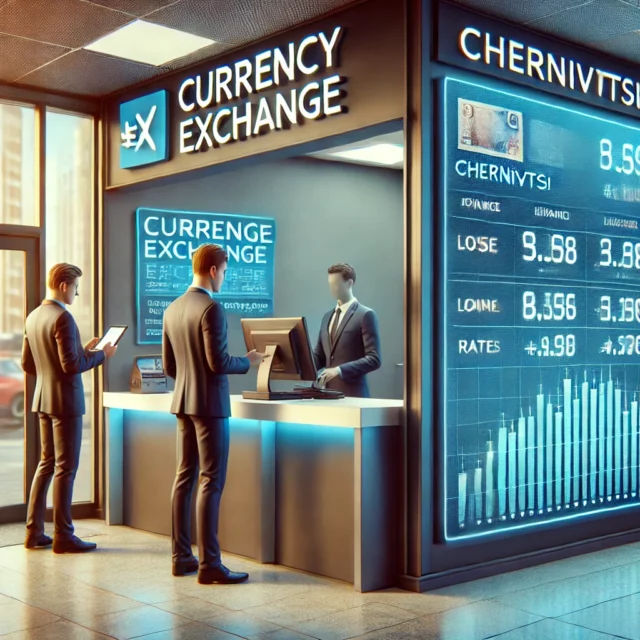 DALL·E 2025-02-20 20.37.10 - A realistic digital illustration of a currency exchange scene in Chernivtsi. A modern exchange office with a digital board displaying current exchange