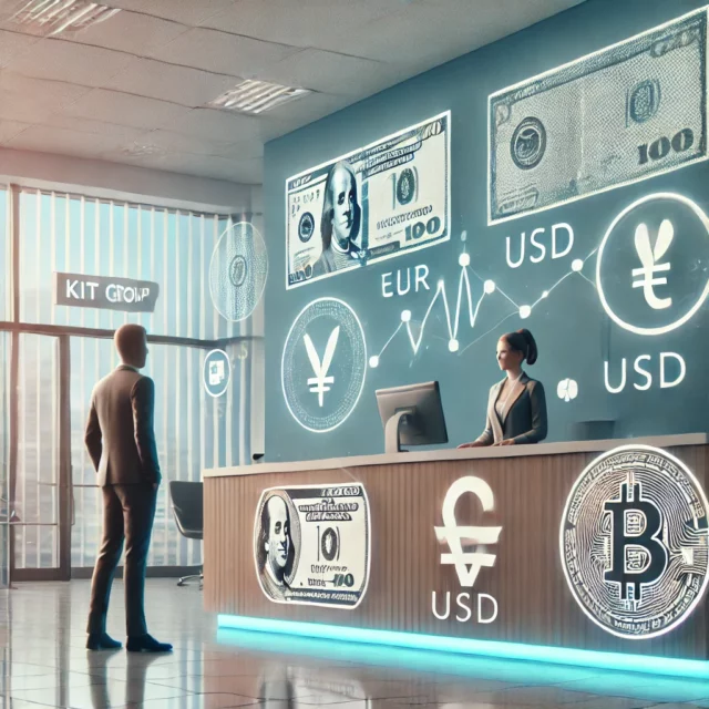 DALL·E 2025-02-22 09.39.24 - A modern and secure currency exchange office in Mukachevo, Ukraine, representing the advantages of working with KIT Group. The image features a welcom
