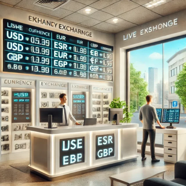 DALL·E 2025-02-22 12.06.57 - A modern currency exchange office in Kamenskoye, Ukraine. The interior is bright and clean, with digital screens displaying live exchange rates for ma