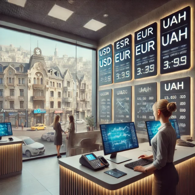 DALL·E 2025-02-22 12.33.46 - A modern currency exchange office in Zvyagel, Ukraine. The interior is sleek and contemporary, with digital screens displaying live exchange rates for