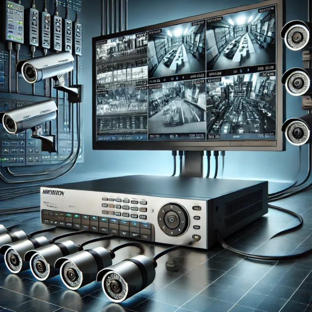 DALL·E 2025-03-11 02.35.35 - A high-tech security setup featuring a Hikvision video recorder connected to multiple surveillance cameras. The scene should depict a modern security
