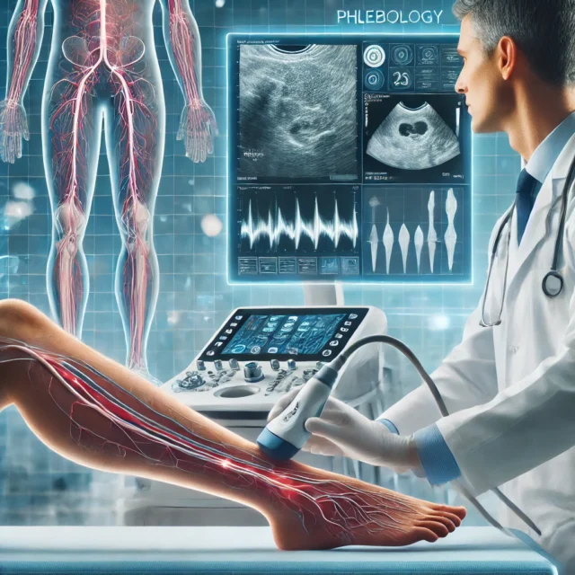 DALL·E 2025-03-18 11.01.58 - A modern medical scene focusing on phlebology, the study and treatment of vein diseases. The image features a doctor using an ultrasound device to exa