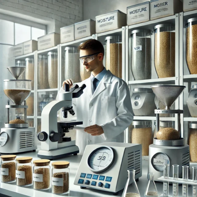 DALL·E 2025-03-19 11.45.31 - A laboratory setting with various advanced equipment used for determining the quality of animal feed (compound feed). The image includes spectrometers